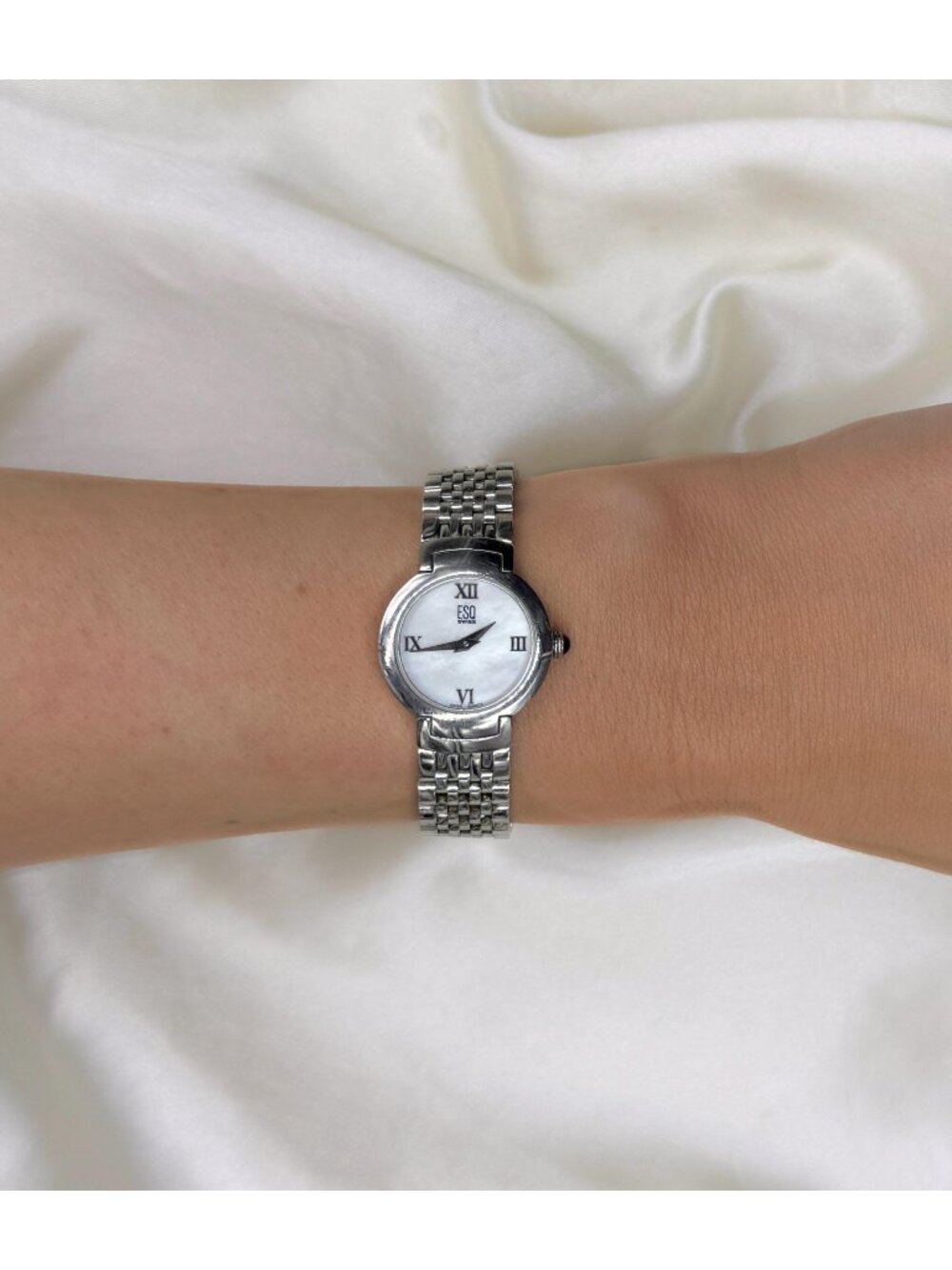 Vintage ESQ Swiss Quartz Watch, Mother of Pearl Dial Minimalist Silver Tone